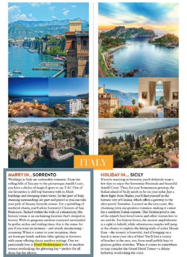 A split-screen travel brochure showing coastal views and resorts in Sorrento and Sicily, Italy, with descriptive text.