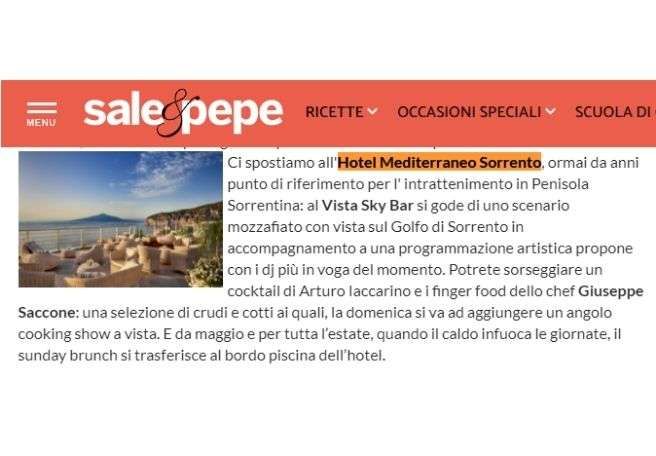 A screenshot of a Sale&Pepe article featuring a sunset view of the Hotel Mediterraneo Sorrento and Vista Sky Bar.