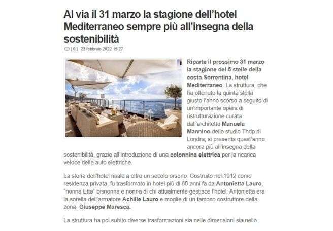 A hotel balcony with outdoor seating overlooking the sea, next to an article about the Hotel Mediterraneo.