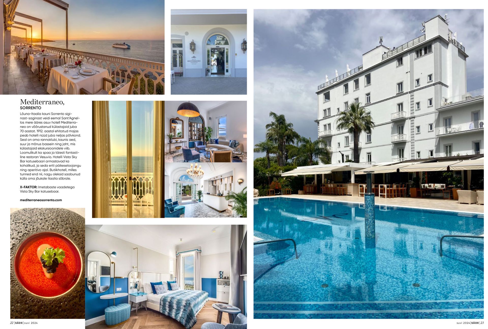 A collage of photos featuring a luxury hotel, its white exterior, swimming pool, dining terrace, and bright room interiors.