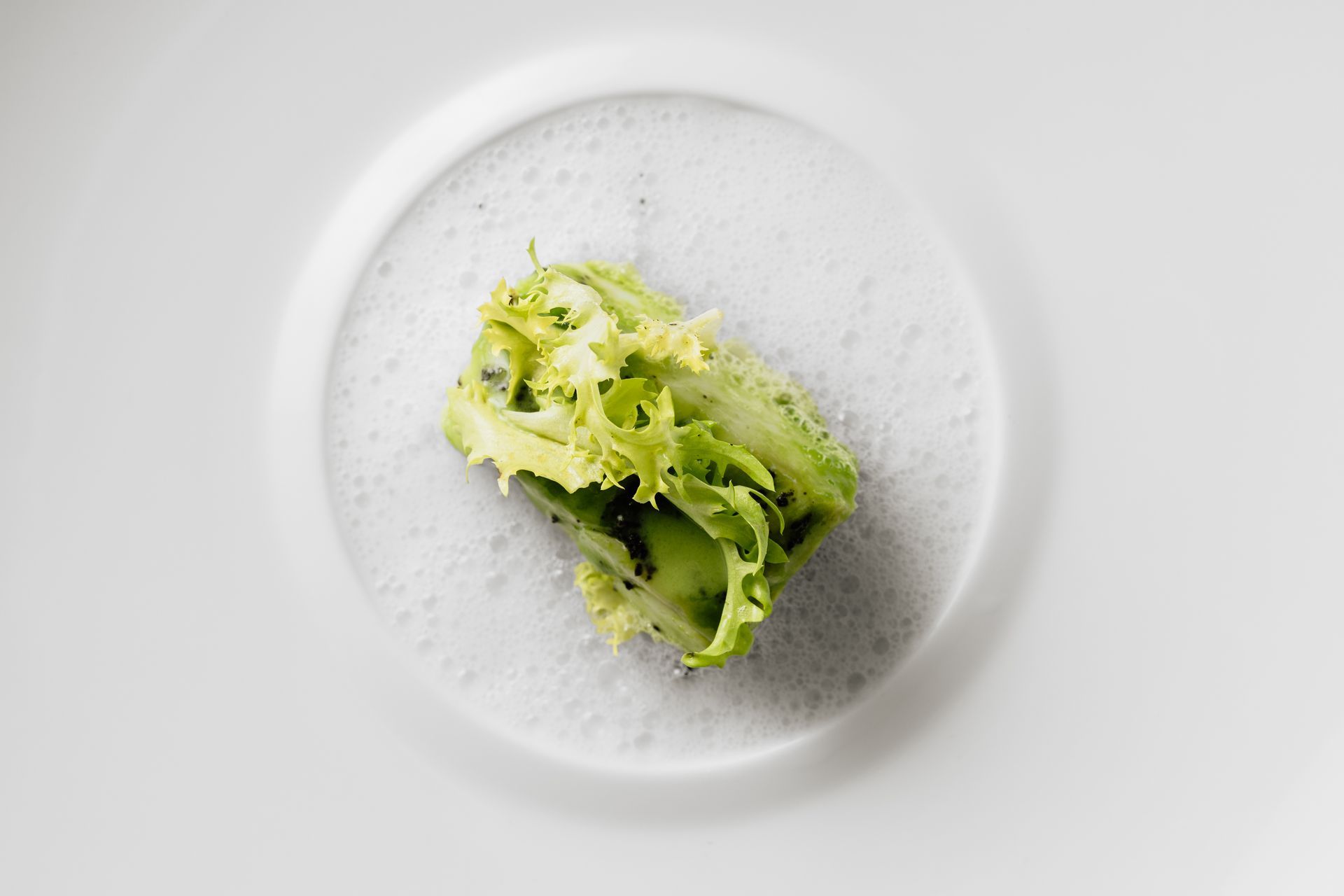 Green vegetable garnish on a white plate, centered on a light background