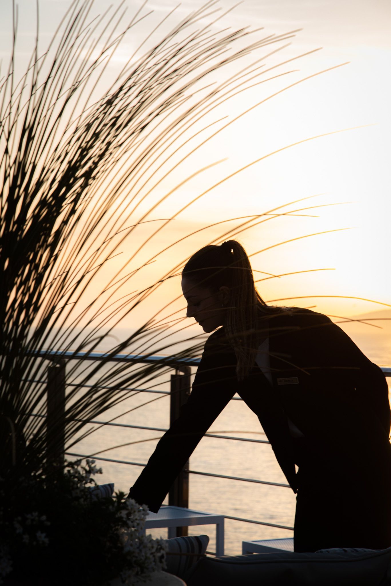 La silhouette di una persona che sistema degli oggetti su un balcone affacciato sul mare al tramonto, incorniciata da alte erbe decorative.