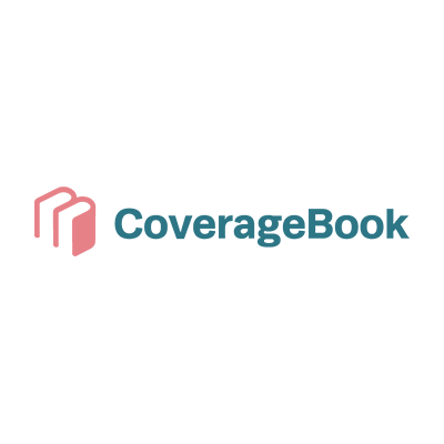 The CoverageBook logo, featuring a stylized pink letter M shaped like open books next to the teal text 