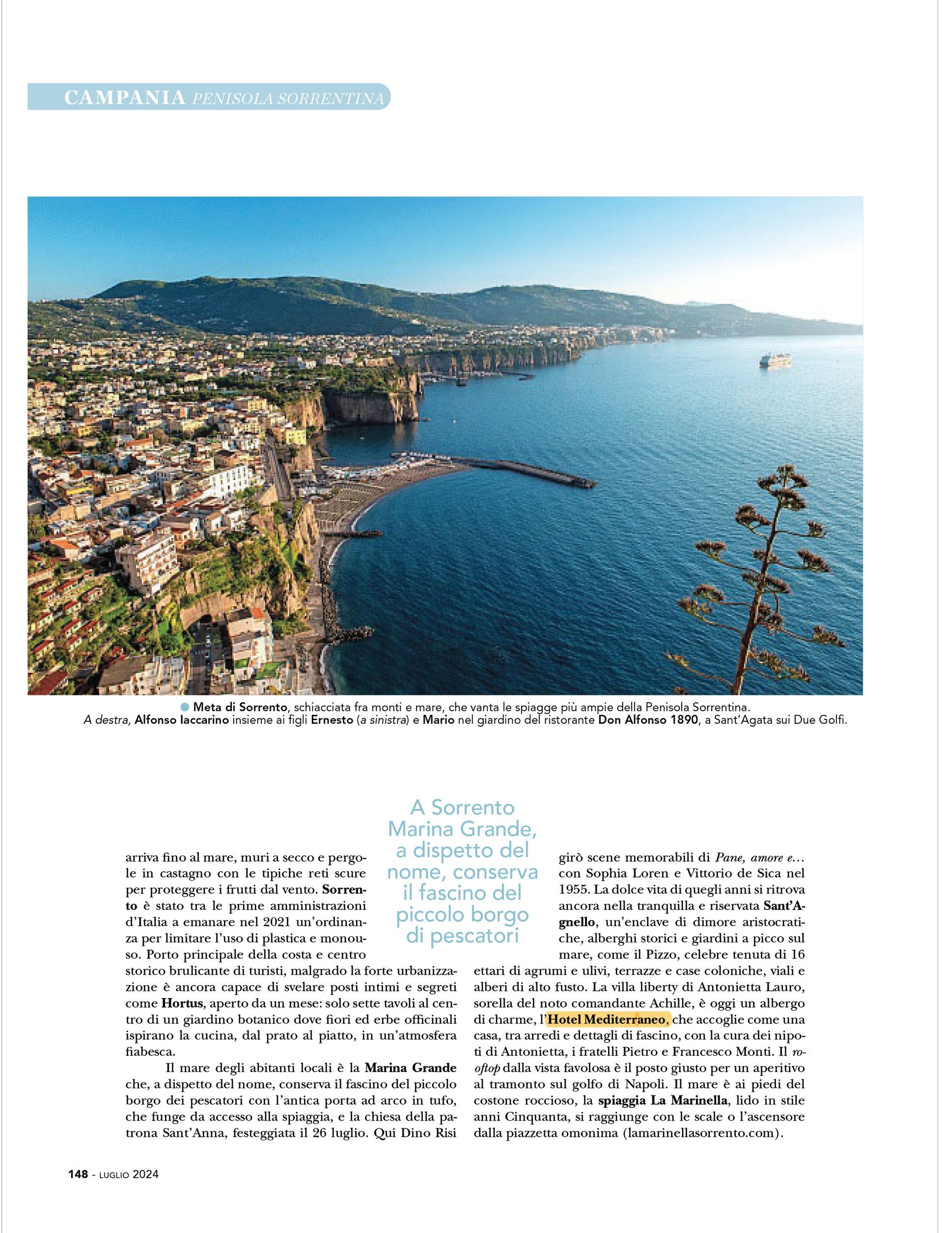 A scenic coastal view of the Mediterranean town of Sorrento, Italy, with cliffs, buildings, and a small harbor.