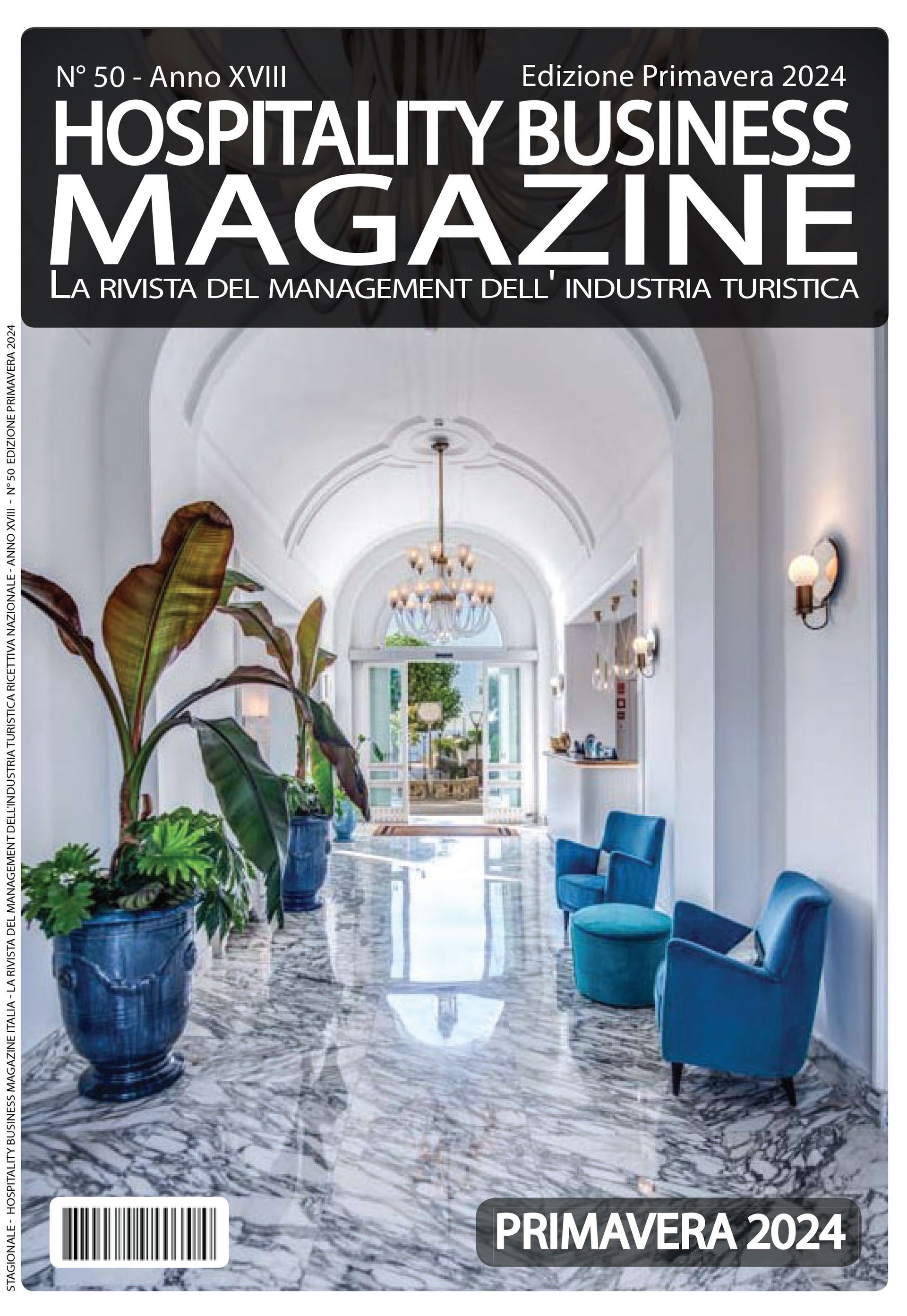 Cover of Hospitality Business Magazine, Spring 2024, featuring a bright, elegant hotel lobby.