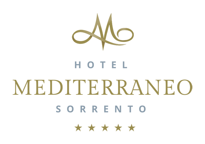 Logo of Hotel Mediterraneo in Sorrento with gold text and five stars centered below the name.