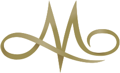 A gold-colored, calligraphic monogram logo featuring a stylized letter M with elegant, flowing flourishes.