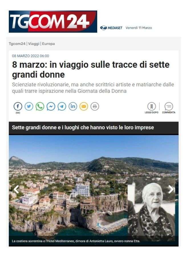 TGCOM24 article header about seven influential women, featuring a coastal town landscape and a portrait of a woman.