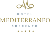 Logo for Hotel Mediterraneo in Sorrento, featuring a gold stylized monogram, elegant text, and five gold stars.