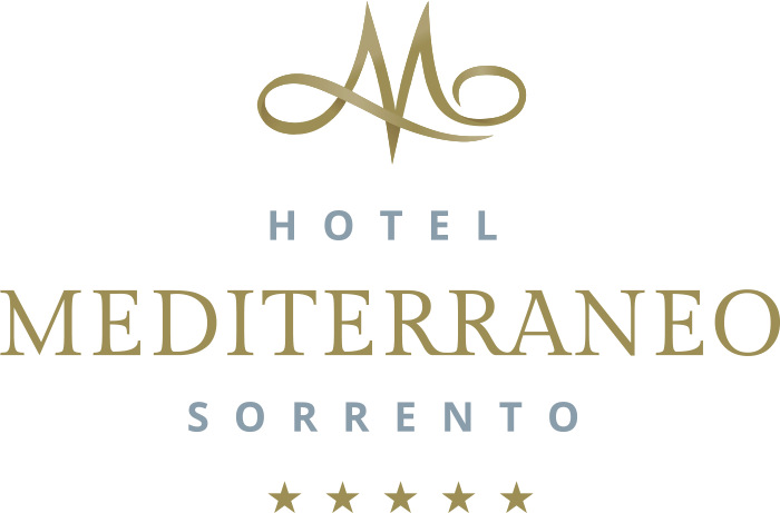 Logo for Hotel Mediterraneo in Sorrento, featuring a gold stylized monogram, elegant text, and five gold stars.