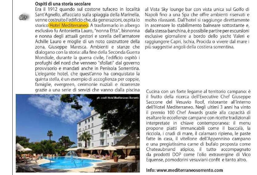 A hotel building surrounded by greenery with a blue swimming pool in the foreground, next to columns of Italian text.