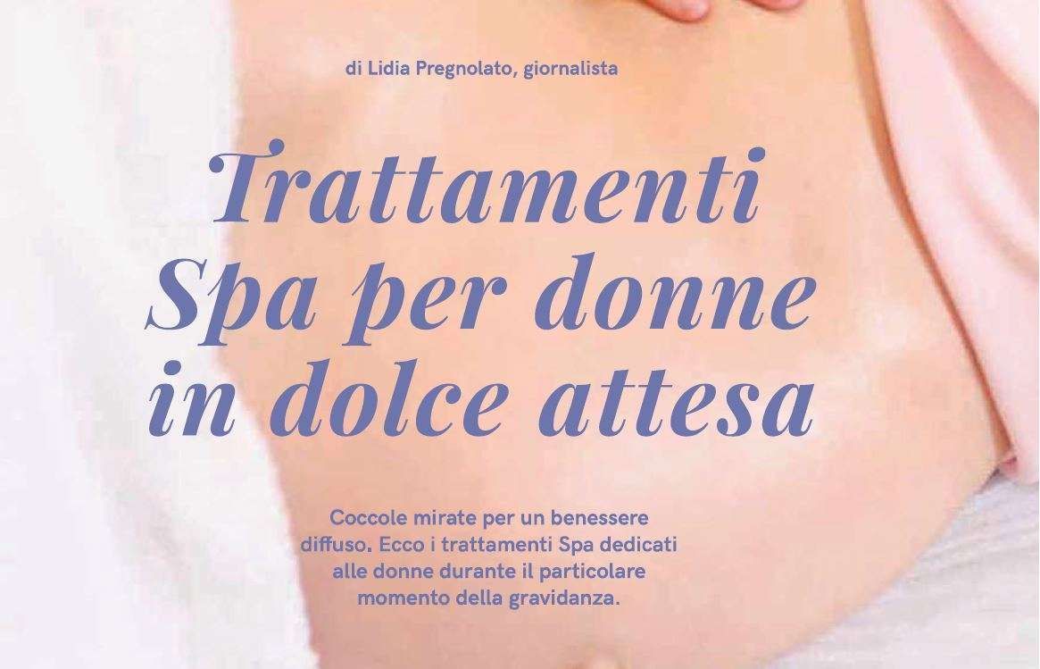 A pregnant belly is shown behind text in Italian about spa treatments for women during pregnancy.