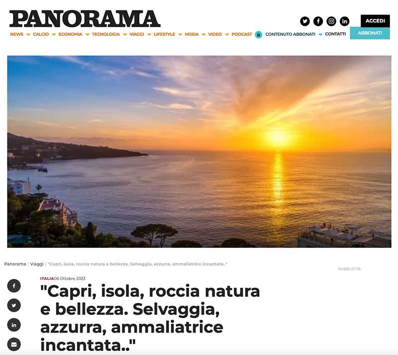 A bright sunset over the Mediterranean coast of Capri, with the headline 