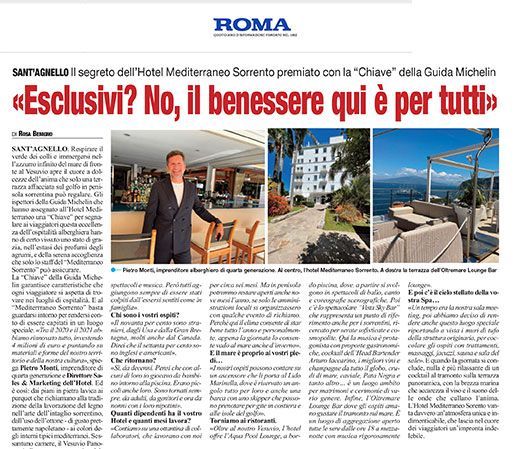 A news article about Hotel Mediterraneo Sorrento receiving a Michelin Key, featuring a man standing in the hotel lobby.