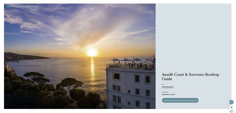 A sunset over the sea with a rooftop terrace on a building in the foreground, accompanied by guide title text.