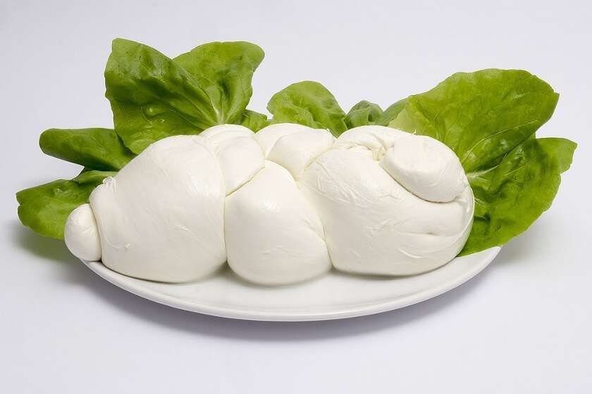 Una grande palla di mozzarella fresca servita su un piatto bianco con foglie di lattuga verde su uno sfondo bianco.