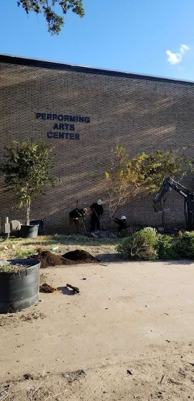 A large building with a lot of potted plants in front of it.