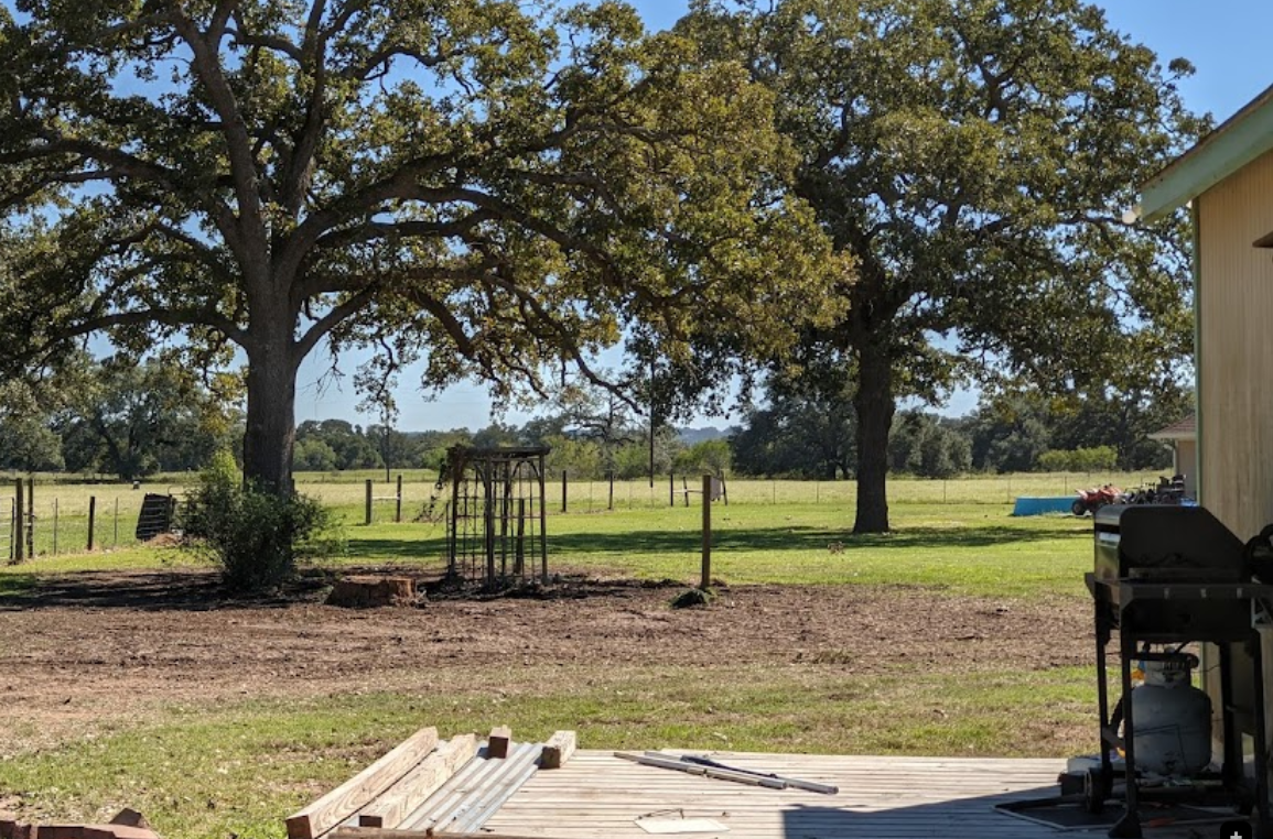 A house is sitting in the middle of a grassy field with trees in the background.