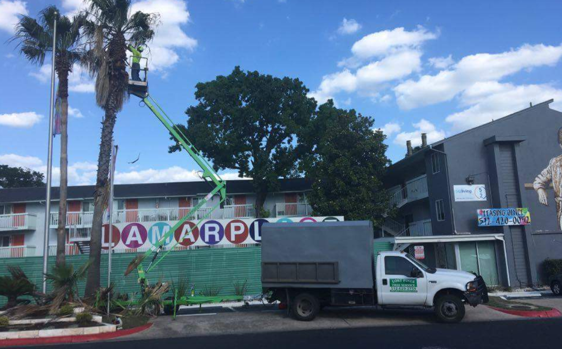A white truck is parked in front of a building that says la carpi