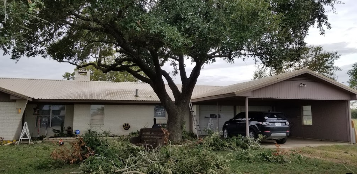A house with a car parked in front of it and a tree in front of it.