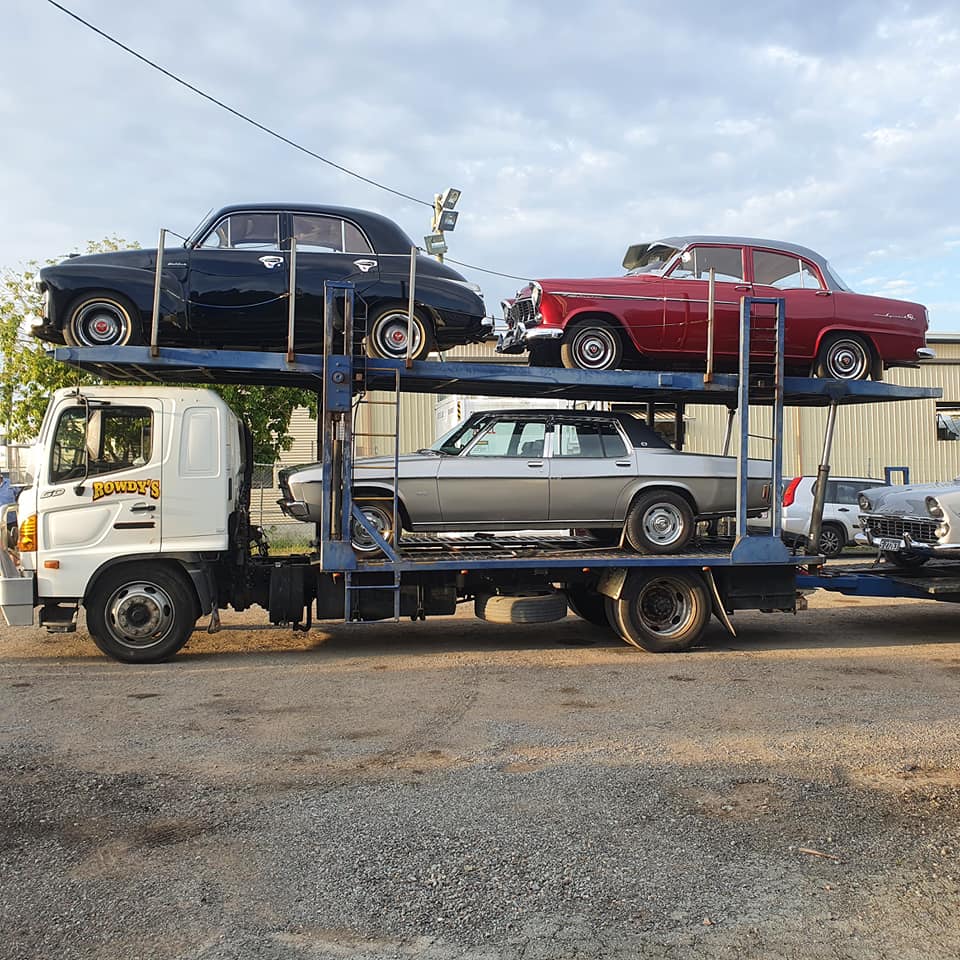 Company Car Carrier with Three Vintage Cars — Brisbane, QLD — Rowdy’s Car Carriers