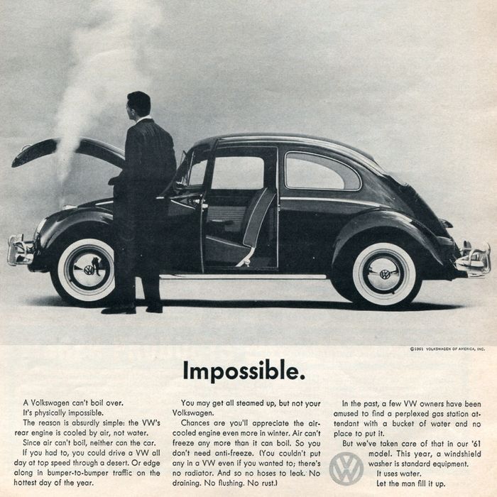 A black and white advertisement for a volkswagen beetle