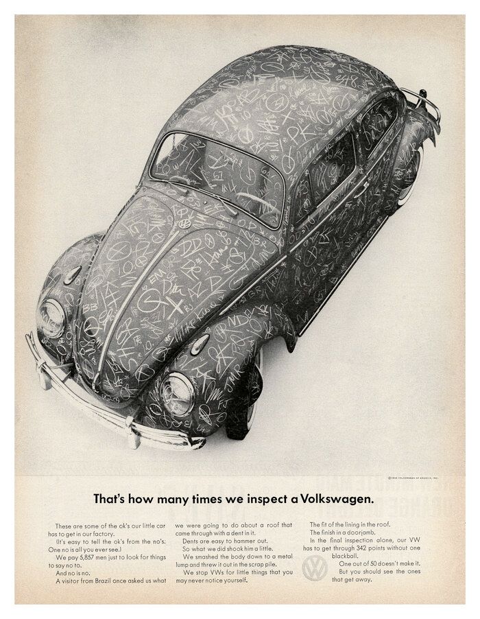 A black and white advertisement for a volkswagen beetle.