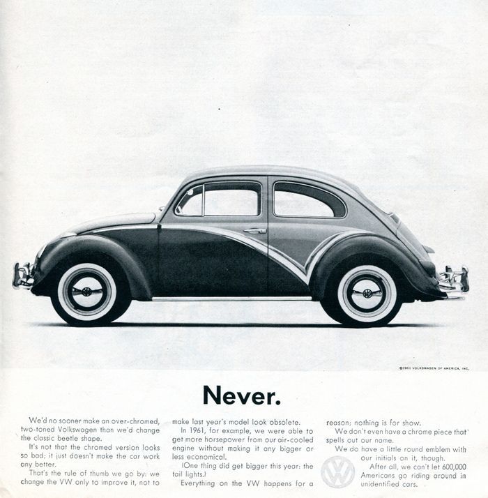A black and white volkswagen ad that says never