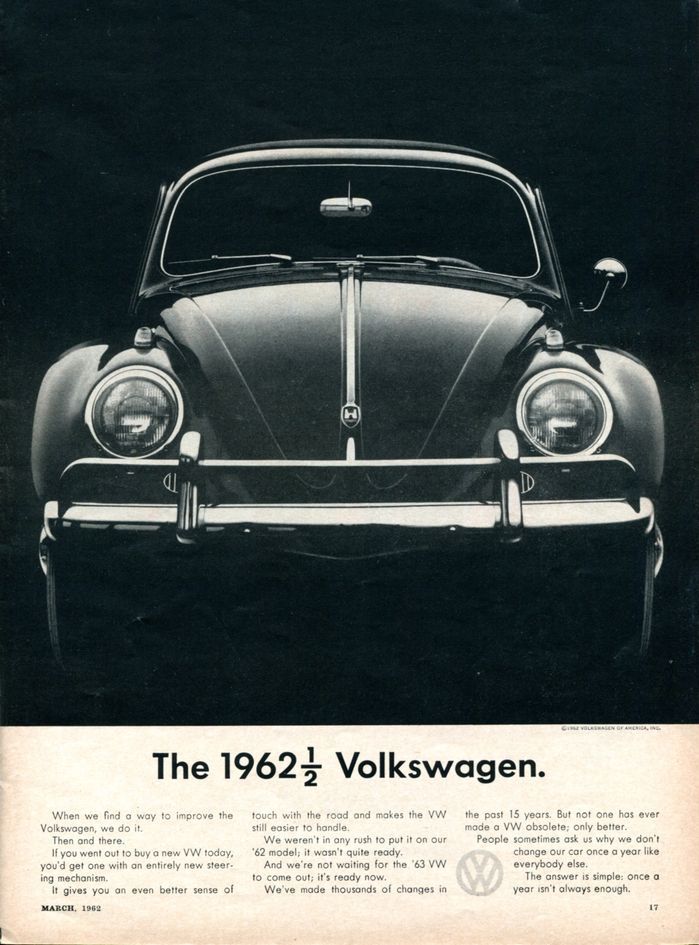 A black and white advertisement for the 1962 volkswagen beetle