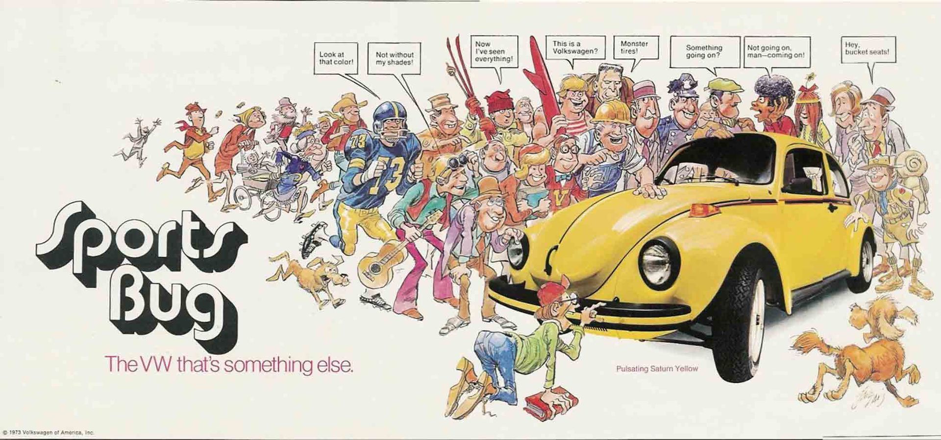 A yellow sports bug is surrounded by cartoon characters