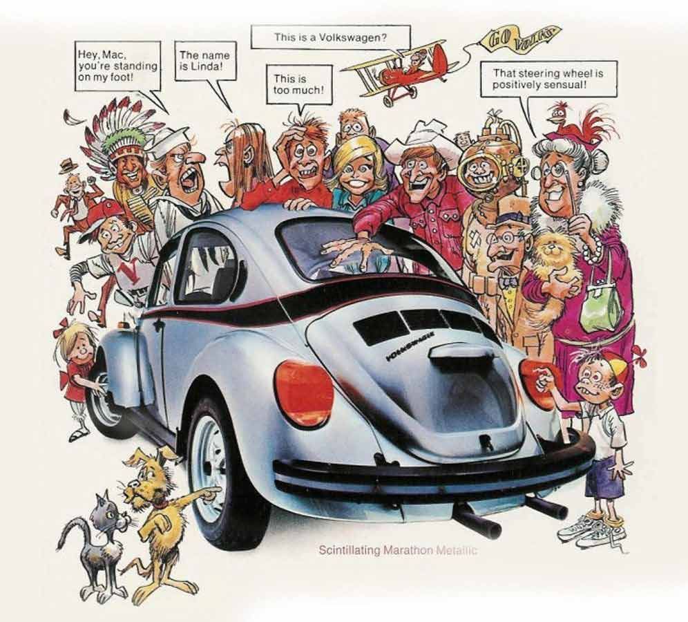 A group of people are standing around a beetle car