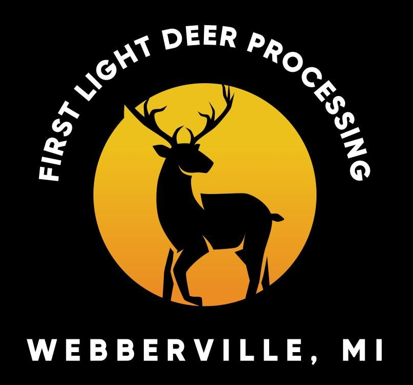 Logo for First Light Deer Processing in Webberville, MI, featuring a silhouette of a deer in front of a yellow circle.