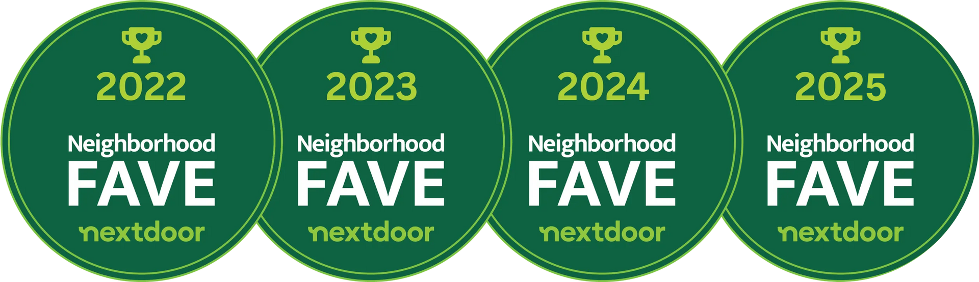 Neighborhood FAVE awards from Nextdoor for 2022, 2023, and 2024; green circles with a trophy icon.