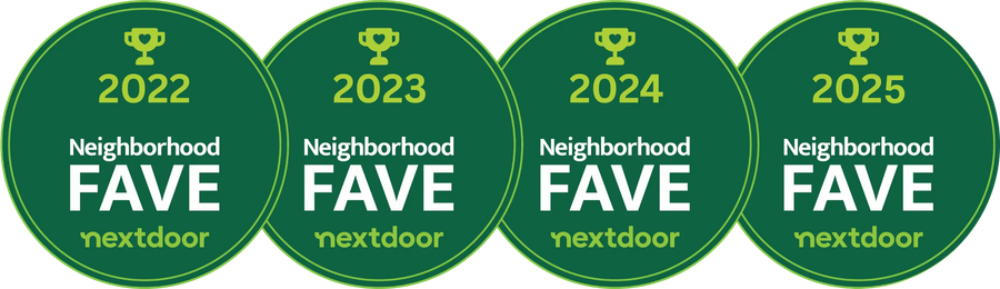 Neighborhood FAVE awards from Nextdoor for 2022, 2023, and 2024; green circles with a trophy icon.