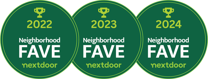 Neighborhood FAVE awards from Nextdoor for 2022, 2023, and 2024; green circles with a trophy icon.