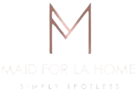 Logo for "Maid For LA Home" in rose gold on a gray background; an abstract "M" shape.