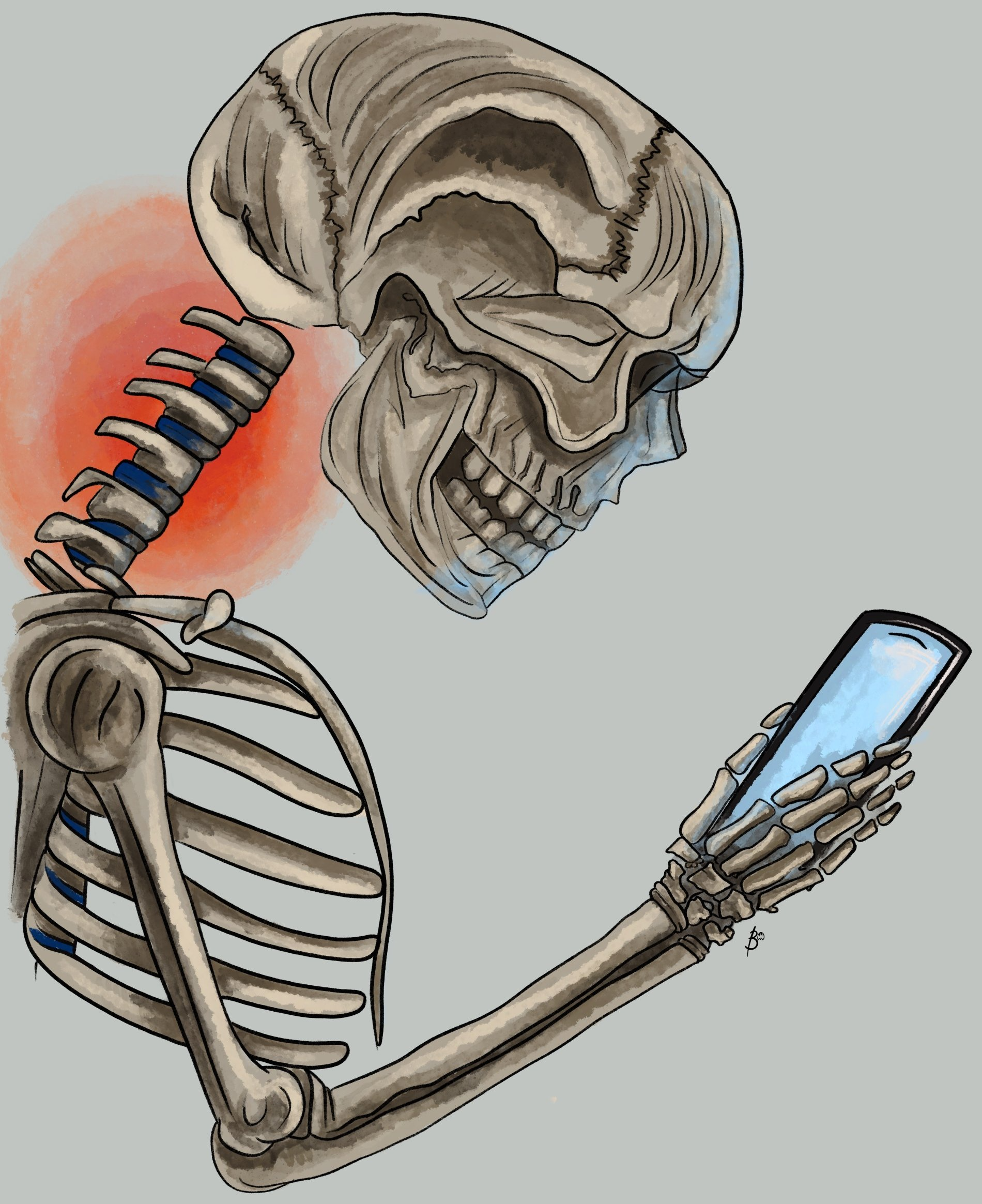 Skeleton with neck pain