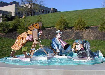 Red Grooms’ sculpture entitled “Way Down East” in second location behind Fine Arts Building on Northern Kentucky University campus, 2003.
Source:  A Small Appreciation of D.W. Griffith, By Greg Hatfield on August 4, 2013, published on his website, entitled, Greg Hatfield: Ruminations, Rumblings and Ramblings from The Man You Love to Disdain.  
