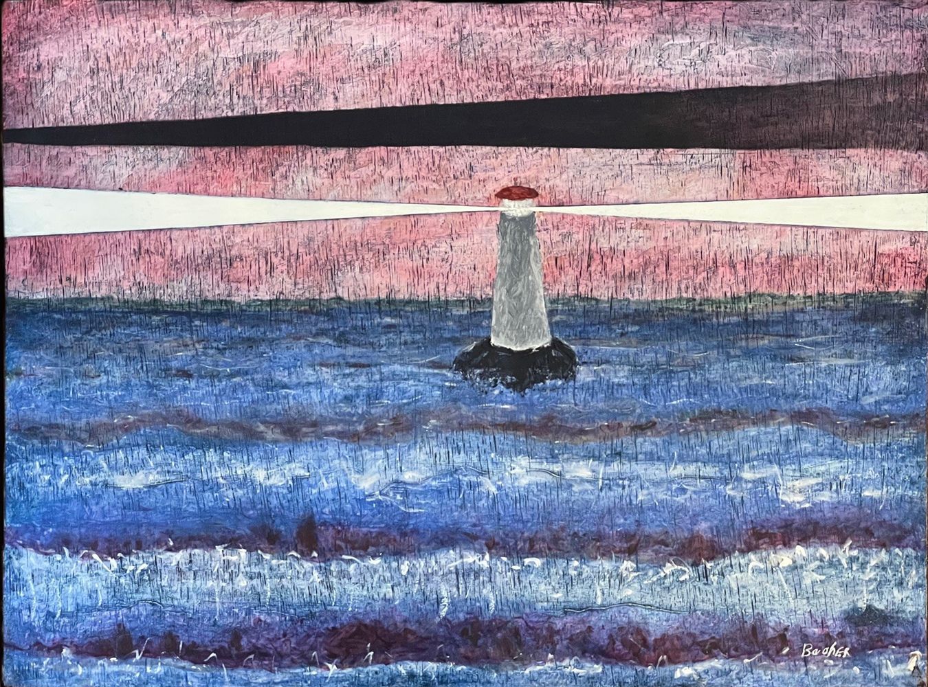 No. 7, Single Lighthouse, Red Sky, Blue Ocean Waves