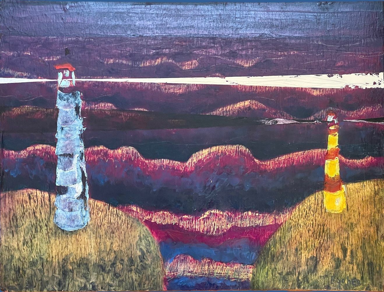 No. 9, Two Lighthouses, Fuchsia Sky and Waves