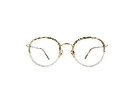 Runde Brille mit goldenem Rahmen und gemustertem oberen Rand.