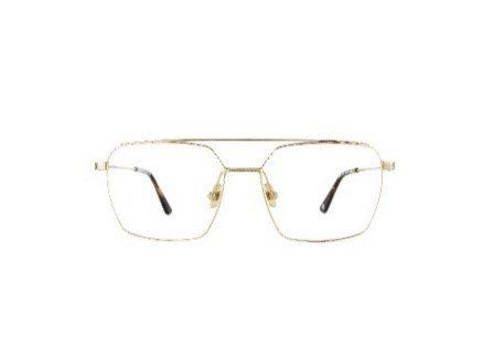Goldgerahmte Brille mit Doppelsteg, rechteckigen Gläsern und dunklen Bügelenden auf weißem Grund.