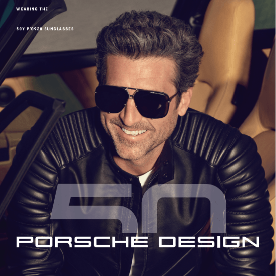 Mann mit Sonnenbrille und schwarzer Lederjacke macht Werbung für das 50-jährige Jubiläum von Porsche Design.