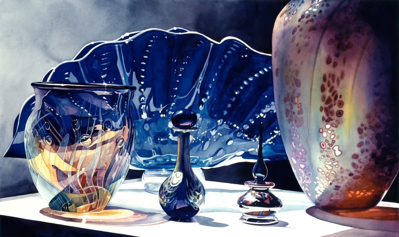 Aurora by Paul Jackson. A Watercolor Painting of Glass Vases, Bottles & Knick-Knacks on a Table.