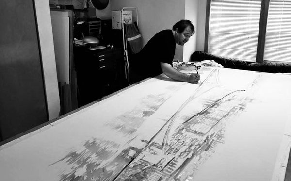 Watercolor Artist Paul Jackson using Orange & Yellow Paint on a Canvas.