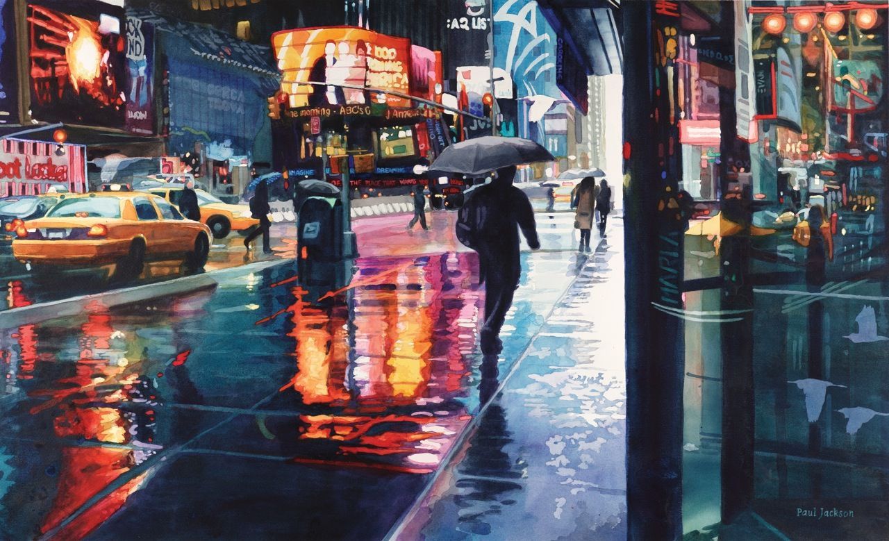 Liquid Light by Paul Jackson. A Watercolor Painting of a Rainy Neon-Lit City Street at Night.