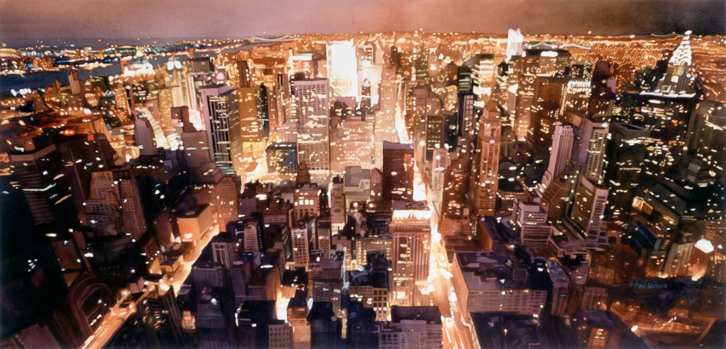 Life on the Edge by Paul Jackson. A Watercolor of Two White Birds Standing in Water Near a City.
