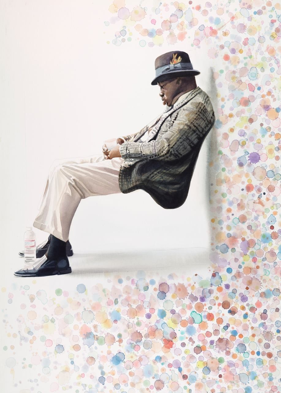 Suspense by Paul Jackson. A Watercolor Painting of a Man Leaning Leaning Against a Wall.