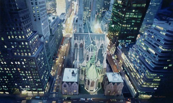 A Watercolor Painting of a Cathedral in the Middle of a Busy City by Paul Jackson.