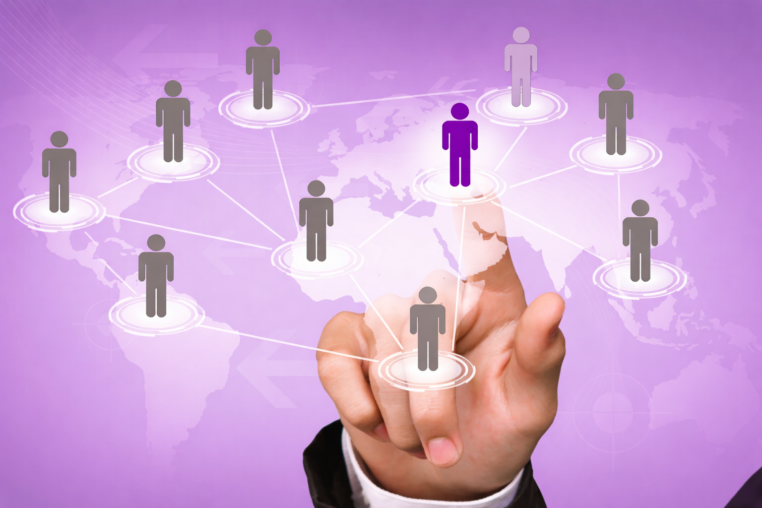 Hand touching a glowing network map with connected user icons on a purple background